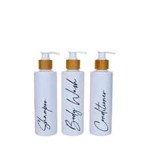 Load image into Gallery viewer, refillable shampoo bottles, reusable bathroom bottles - love and labels