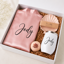 Load image into Gallery viewer, Personalised bridesmaid proposal box with blush satin robe, personalised tumbler, shell trinket dish and bath bomb gift hamper
