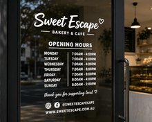 Load image into Gallery viewer, Custom Shop Opening Hours Window Decal - Love and Labels