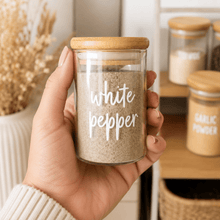 Load image into Gallery viewer, Personalised spice jar labels for bamboo spice jars in an organised kitchen pantry