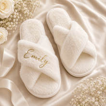 Load image into Gallery viewer, Personalised Bridal Slippers for bridesmaids gifts with custom name - Love and Labels
