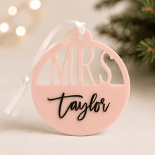 Load image into Gallery viewer, Personalised Teacher Bauble with Mrs Taylor custom name in vinyl text for end of school gift- Love and Labels