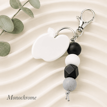 Load image into Gallery viewer, Pink personalised teacher keyring with acrylic apple name tag, pink silicone beads and silver clasp for a thoughtful teacher gift.