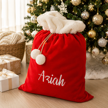 Load image into Gallery viewer, red velvet traditional santa sack for kids with personalised names for Christmas presents and reusable gift storage