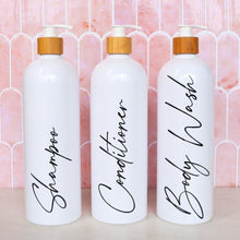 Load image into Gallery viewer, Declutter your shower with our stylish custom refillable shampoo bottles.
