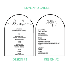 Load image into Gallery viewer, Elegant A5 arch acrylic drinks menu with custom vinyl lettering