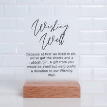 Load image into Gallery viewer, Acrylic wishing well sign with elegant script text, perfect for weddings or special events- love and labels