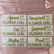 Load image into Gallery viewer, Personalised bridesmaid name label on a wine glass – custom vinyl decal in gold