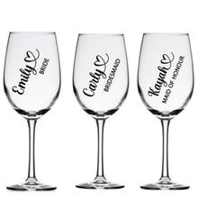 Load image into Gallery viewer,  Custom bridal party name stickers applied to tumblers and champagne flutes