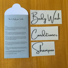 Load image into Gallery viewer, custom waterproof labels for bathroom bottles personalised with your text made from high quality vinyl