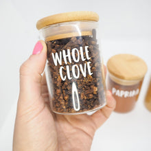 Load image into Gallery viewer, high quality custom spice jar labels featured on glass spice jars made in australia