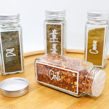 Load image into Gallery viewer, Glass Spice Jars with Shaker, glass spice jars, tall spice jars, spice jars with labels - Love and Labels
