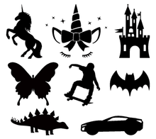 Load image into Gallery viewer, different silhouette icons for personalised lunch box label set