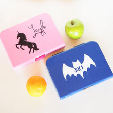 Load image into Gallery viewer, Personalised lunchbox labels applied to a snack container with customizable kids name stickers