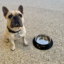 Load image into Gallery viewer, Personalized pet name decal applied to a stainless steel dog bowl