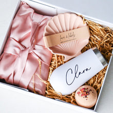 Load image into Gallery viewer, Elegant personalised bridesmaid proposal box with luxurious gifts, including a satin robe, champagne tumbler, bath bomb, and trinket dish.