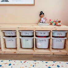 Load image into Gallery viewer, toy storage labels applied to plastic bins, baskets, and playroom shelves