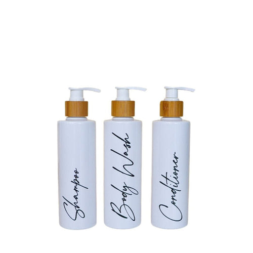 refillable shampoo bottles, reusable bathroom bottles - love and labels