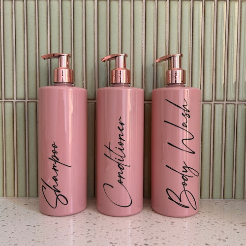 500ml Dusty Pink Bathroom Bottles with Custom Labels - Love and Labels