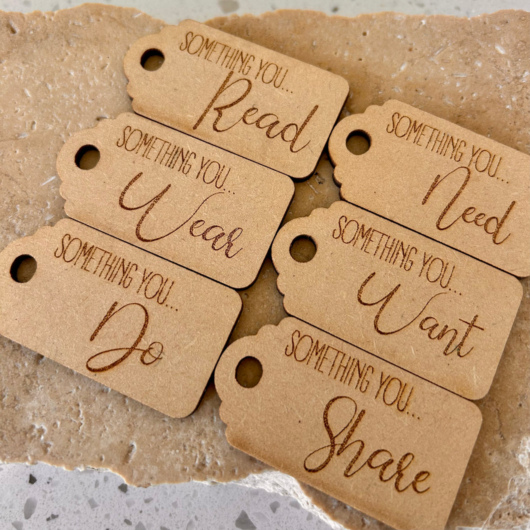 wooden christmas tags Mini Gift Tag Set- Something You Want, Need, Read, Wear, Do, Share