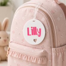 Load image into Gallery viewer, Personalised name label bag tag for children’s daycare or school backpack featuring custom acrylic name design and secure clear strap
