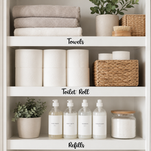 Load image into Gallery viewer, Custom vinyl linen cupboard labels for towels, toilet roll and refills on organised white laundry shelving.
