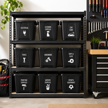 Load image into Gallery viewer, Organised garage shelving with black storage tubs labelled for tools, hardware, cleaning supplies and garden equipment.

