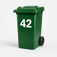 Load image into Gallery viewer, Green wheelie bin with white personalised number decal, styled as a modern waterproof vinyl bin sticker for household rubbish and recycling bins.

