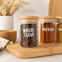 Load image into Gallery viewer, Waterproof custom spice labels for herbs and spices on clear pantry jars
