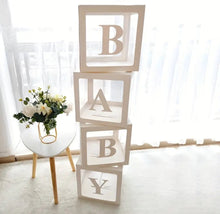 Load image into Gallery viewer, Custom vinyl letter and number decals on clear balloon boxes for baby showers, first birthdays and party displays.
