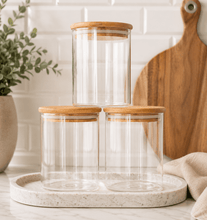 Load image into Gallery viewer, Glass Bamboo Pantry Container Jars - Love and Labels
