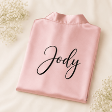 Load image into Gallery viewer, personalised bridesmaids robe pink satin bridal robe with custom name- Love and Labels
