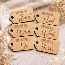 Load image into Gallery viewer, Reusable mini wooden Christmas gift tags for want, need, wear, read, do and share Santa gifts.
