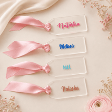 Load image into Gallery viewer, Personalised Clear Acrylic Gift Tag – Custom Name Place Card with Pink Ribbon - Love and Labels
