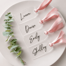 Load image into Gallery viewer, Personalised Clear Acrylic Gift Tag – Custom Name Place Card with Pink Ribbon - Love and Labels
