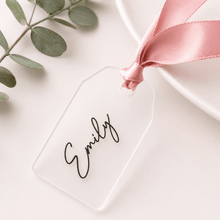 Load image into Gallery viewer, Personalised Clear Acrylic Gift Tag – Custom Name Place Card with Pink Ribbon - Love and Labels
