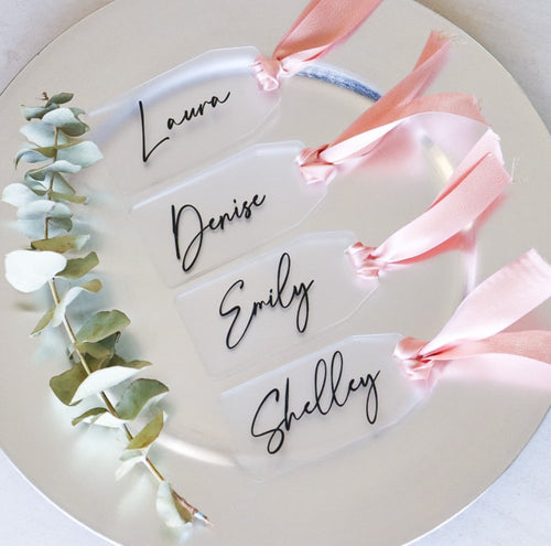 Personalised Clear Acrylic Gift Tag – Custom Name Place Card with Pink Ribbon - Love and Labels