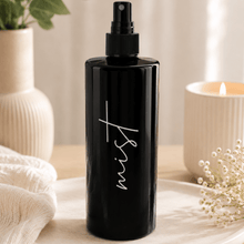 Load image into Gallery viewer, Personalised refillable spray bottle in black with custom label - Love and Labels
