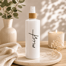 Load image into Gallery viewer, Personalised refillable spray bottle in white with custom label- Love and Labels
