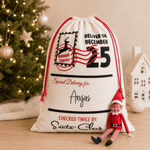 Load image into Gallery viewer, Personalised Santa sack with child’s name, large canvas Christmas gift bag for kids
