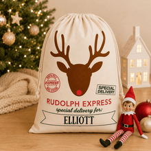 Load image into Gallery viewer, Personalised Santa Sack - Rudolph Express - Love and Labels
