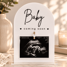 Load image into Gallery viewer, Personalised Ultrasound Photo Announcement Plaque – A5 Acrylic Arch - Love and Labels
