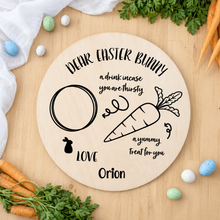 Load image into Gallery viewer, Personalised Dear Easter Bunny treat board with child’s name for Easter Bunny snacks, carrot and milk.
