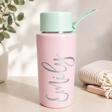 Load image into Gallery viewer, Personalised name label on pink reusable drink bottle with custom vinyl name decal made in Australia
