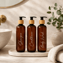 Load image into Gallery viewer, Refillable Amber Pump &amp; Spray Bottles | Custom Labels - Love and Labels
