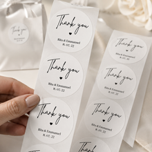 Load image into Gallery viewer, Personalised wedding thank you stickers on continuous sticker strips with elegant neutral wedding styling.
