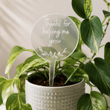 Load image into Gallery viewer, Personalised teacher plant stake with custom name and thank you message displayed in a potted plant on a neutral background.
