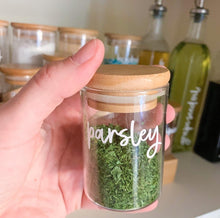 Load image into Gallery viewer, Close-up of premium spice jar labels Australia on glass jars.
