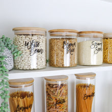 Load image into Gallery viewer, food storage containers, pantry organisation labels, glass jars bamboo lid - love and labels
