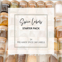 Load image into Gallery viewer, 24 pre-made, modern spice jar labels in a pack for Australian kitchens.
